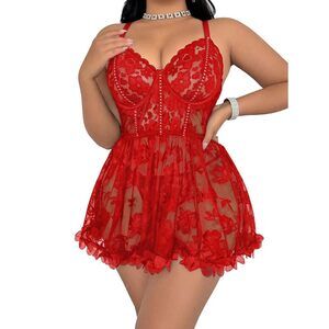 2744 Plus Size Lingerie Sexy Lingerie Dress Floral Lace Babydoll Lingerie